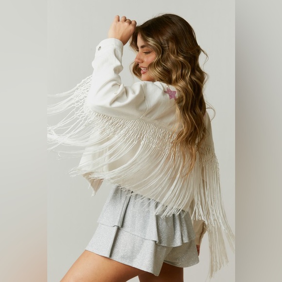 Here Comes The Bride Rhinestone Fringed Denim Jacket - Picture 2 of 7